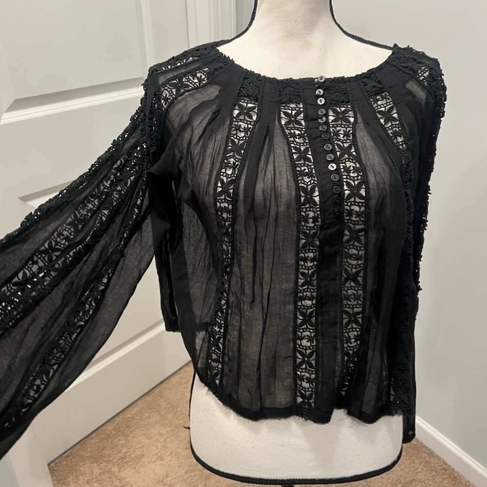 Free People FP One Black Sheer Lace Button Front Top XS NWT
